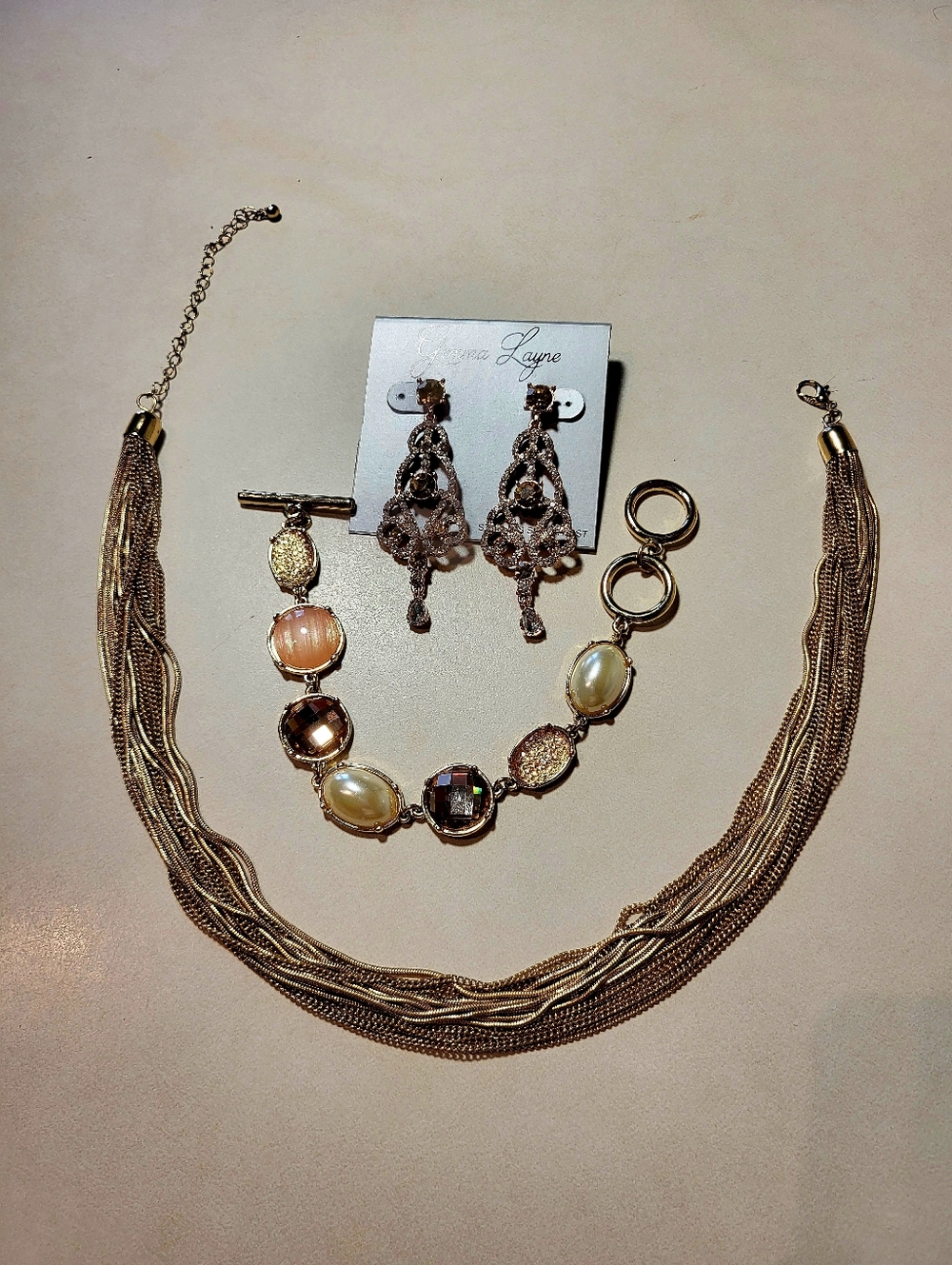 BUNDLE Gold & Crystal Drop Earrings - Gold And Pink Bracelet - Gold Necklace
